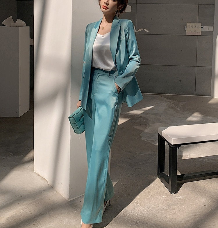 Glossy Blue Green Pantsuit, Woman Blazer (with diecut on sleeves) & Pants Minimalist style Formal Party Event Wedding Gift