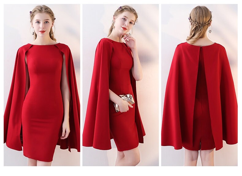 Red Cape Dress, Women Cape Coat Blazer Minimalist Elegant Style Smart Casual Formal Party Wedding Dress Gift for her