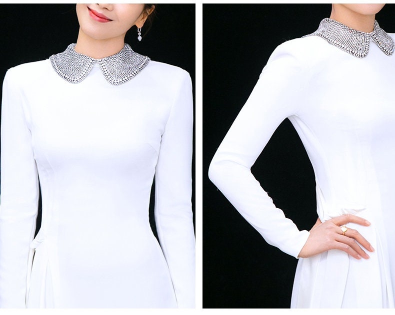 White Sequin Collar Long Dress, Women One Piece Elegant Dress Minimalist Style for Event Party Wedding Anniversary Gift for her