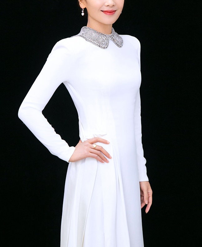 White Sequin Collar Long Dress, Women One Piece Elegant Dress Minimalist Style for Event Party Wedding Anniversary Gift for her