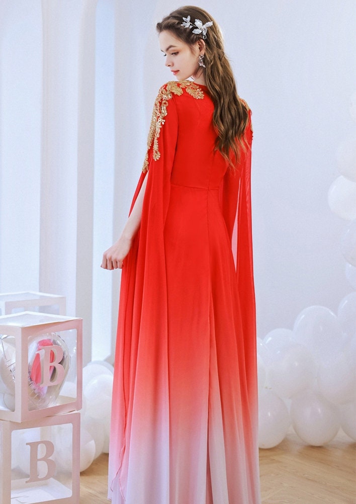 Red Deluxe Cape Dress subtle gradation, Women Princess Dress Gold Decoration for Wedding Party Event Anniversary Gift for her