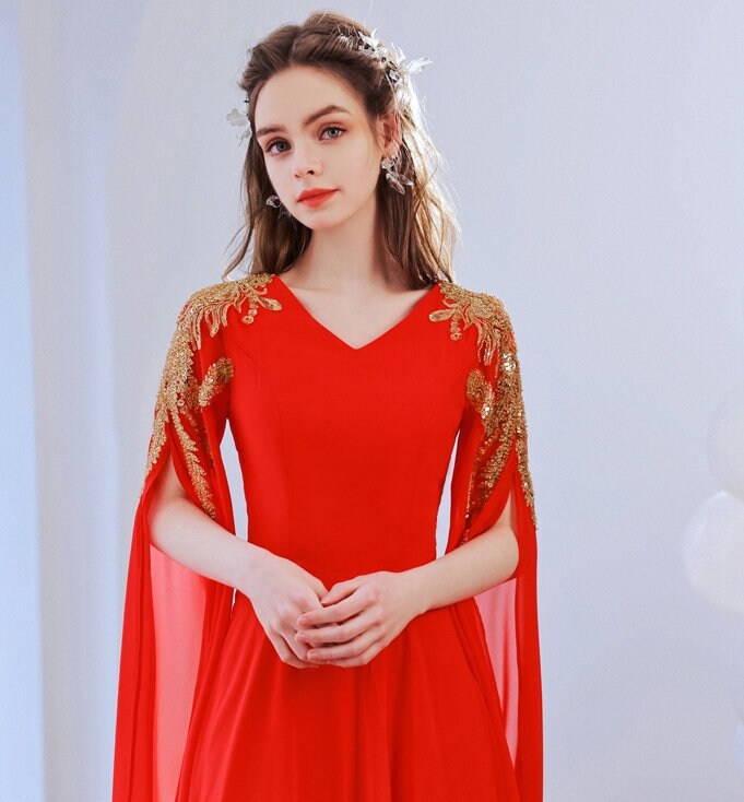 Red Deluxe Cape Dress subtle gradation, Women Princess Dress Gold Decoration for Wedding Party Event Anniversary Gift for her