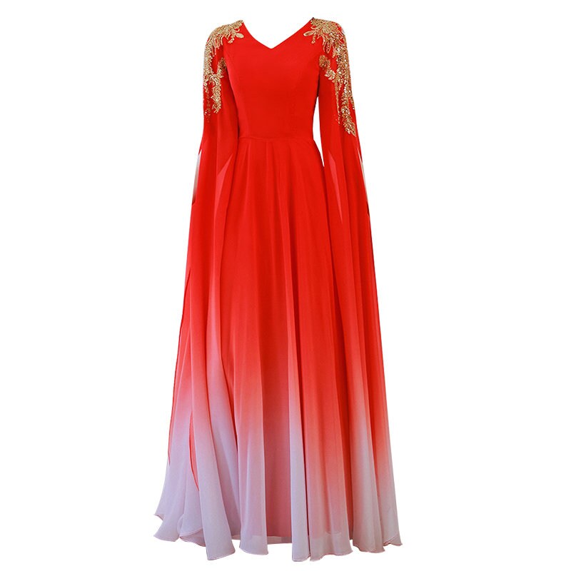 Red Deluxe Cape Dress subtle gradation, Women Princess Dress Gold Decoration for Wedding Party Event Anniversary Gift for her