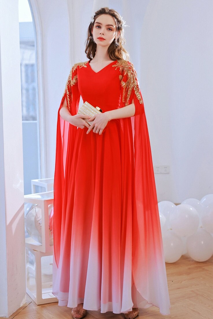 Red Deluxe Cape Dress subtle gradation, Women Princess Dress Gold Decoration for Wedding Party Event Anniversary Gift for her