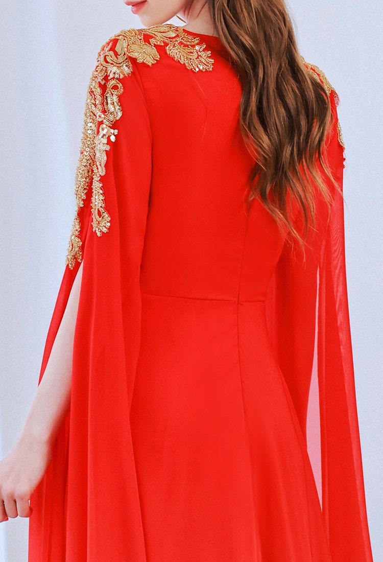 Red Deluxe Cape Dress subtle gradation, Women Princess Dress Gold Decoration for Wedding Party Event Anniversary Gift for her