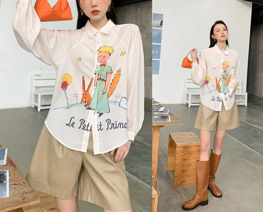 Little Prince Graphics Blouse, Designer Woman Long Sleeve Shirt Smart Casual Formal Event Party Gift