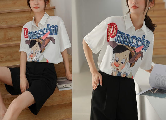 Pinocchio Graphics Blouse, Designer Woman Short Sleeve Shirt Smart Casual Formal Event Party Gift for her