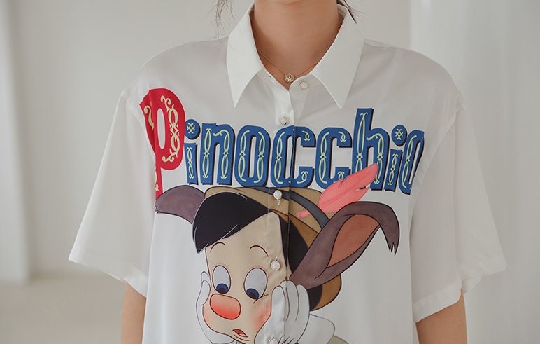 Pinocchio Graphics Blouse, Designer Woman Short Sleeve Shirt Smart Casual Formal Event Party Gift for her