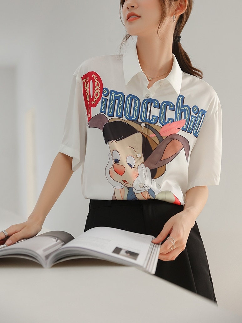 Pinocchio Graphics Blouse, Designer Woman Short Sleeve Shirt Smart Casual Formal Event Party Gift for her