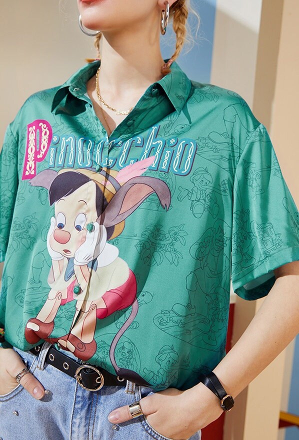 Pinocchio Graphics Green Satin Blouse, Designer Woman Sleeve Shirt Smart Casual Outdoors All Seasons Party Event Gift for her