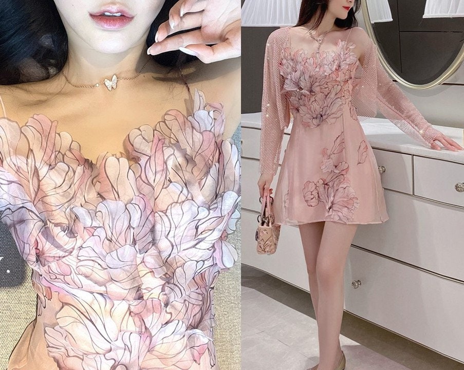 Pink Floral Petal Dress, Designer Woman Ruffle Pattern One Piece for Party Event Wedding Function Anniversary Gift for her