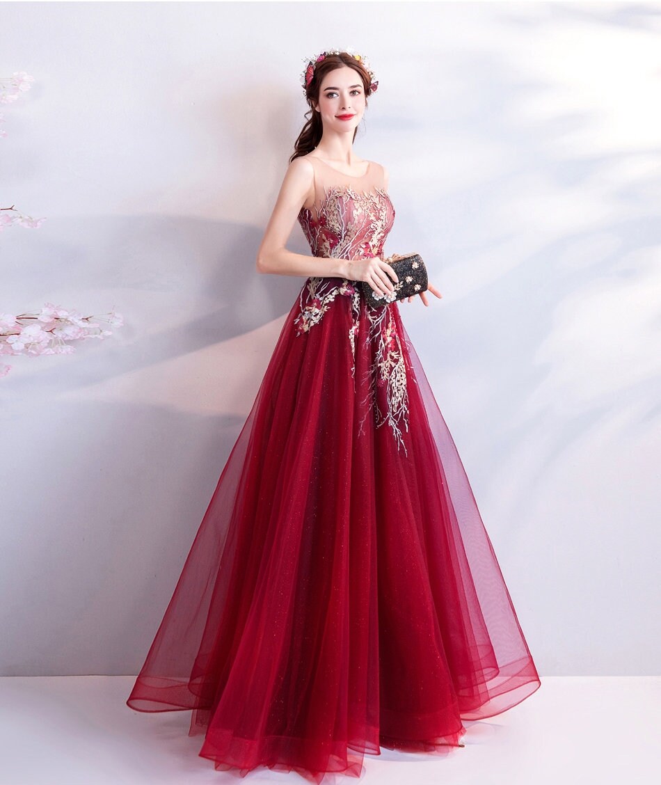 Red Color Long Tulle Prom Dress, Women Wedding Fairy Princess Look for Event Party Function Gift for her