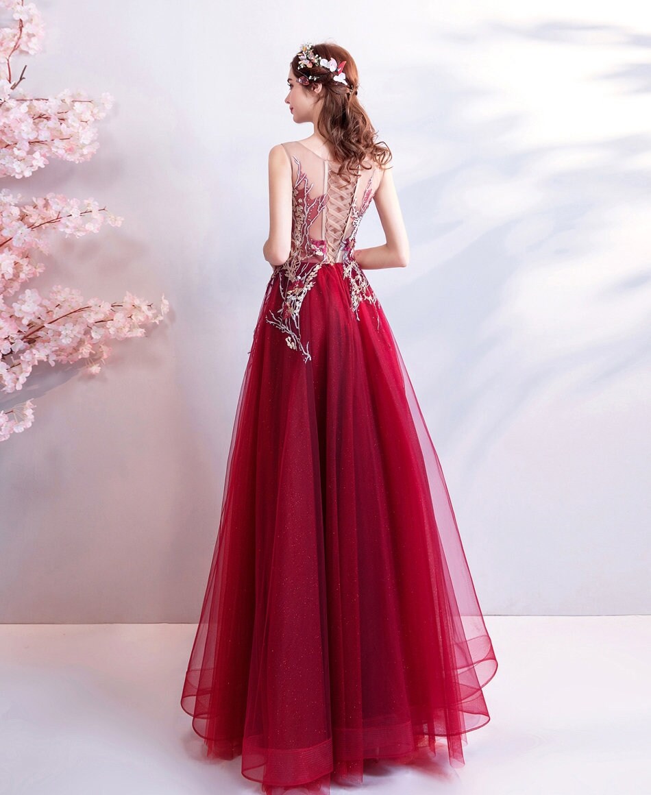 Red Color Long Tulle Prom Dress, Women Wedding Fairy Princess Look for Event Party Function Gift for her