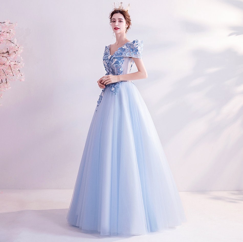 Pastel Blue Floral Long Tulle Prom Dress, Women Wedding Fairy Princess Look for Event Party Function Gift for her