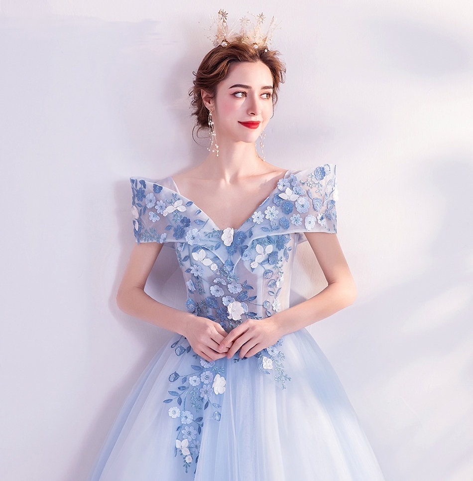 Pastel Blue Floral Long Tulle Prom Dress, Women Wedding Fairy Princess Look for Event Party Function Gift for her