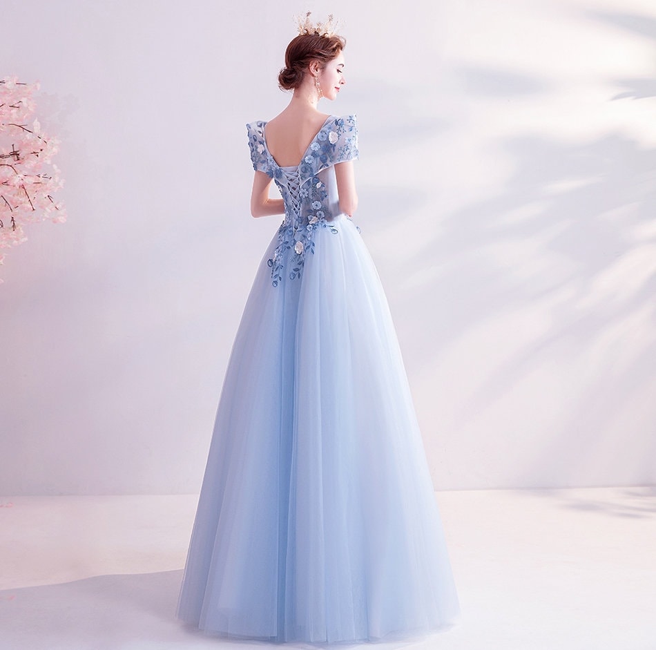 Pastel Blue Floral Long Tulle Prom Dress, Women Wedding Fairy Princess Look for Event Party Function Gift for her