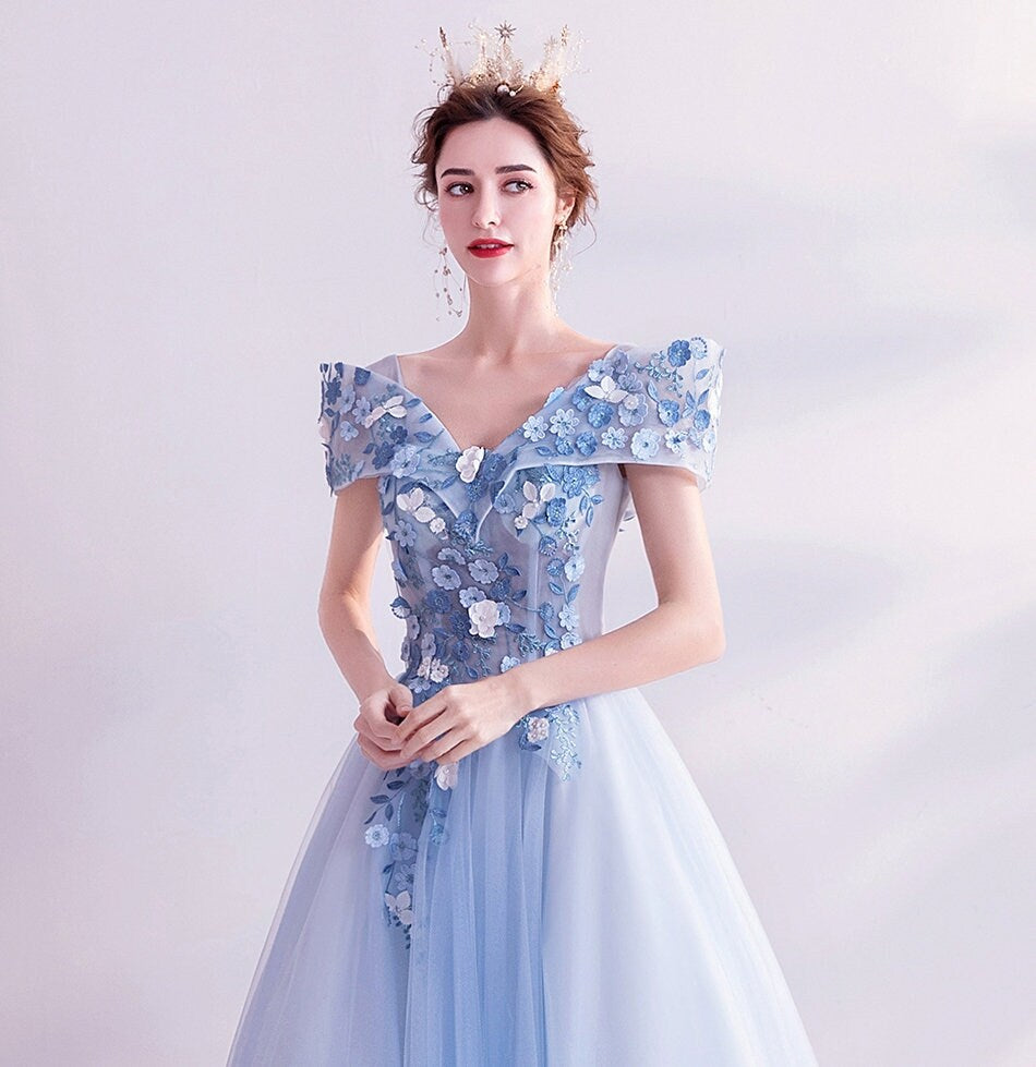 Pastel Blue Floral Long Tulle Prom Dress, Women Wedding Fairy Princess Look for Event Party Function Gift for her