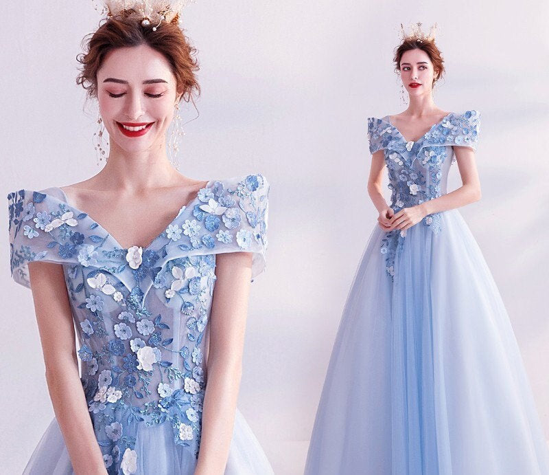 Pastel Blue Floral Long Tulle Prom Dress, Women Wedding Fairy Princess Look for Event Party Function Gift for her