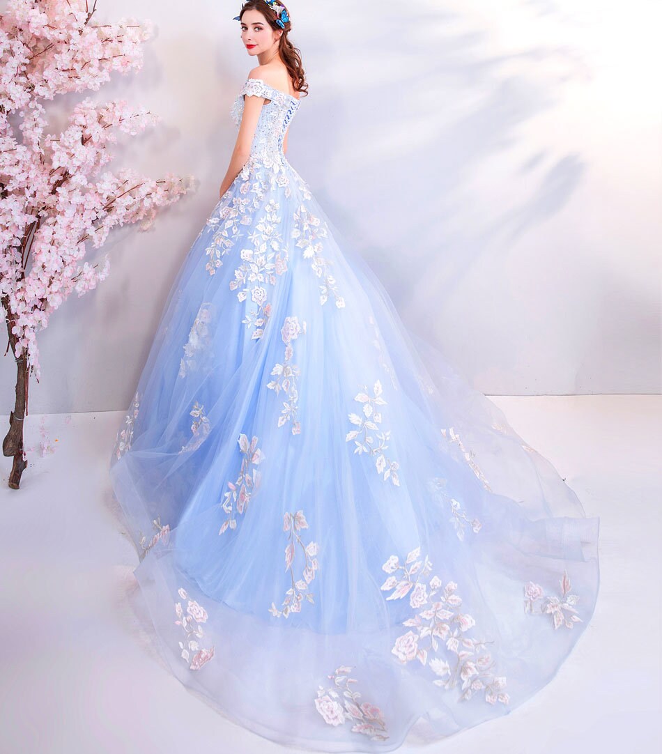 Blue Floral Princess Prom Dress, Women Wedding Royal Bridal Look for Event Party Cocktail Other Functions Gift for her