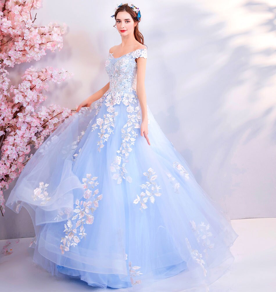 Blue Floral Princess Prom Dress, Women Wedding Royal Bridal Look for Event Party Cocktail Other Functions Gift for her