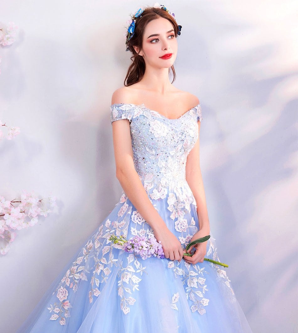 Blue Floral Princess Prom Dress, Women Wedding Royal Bridal Look for Event Party Cocktail Other Functions Gift for her