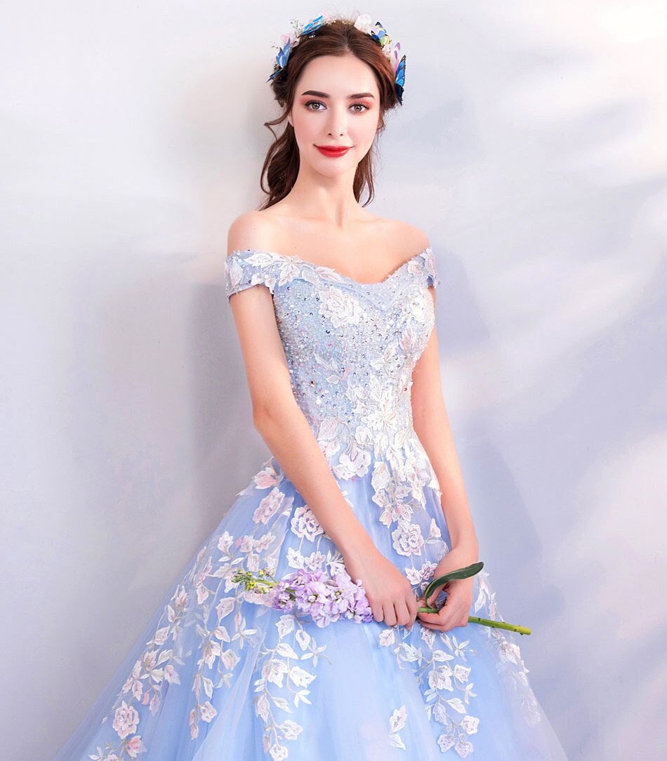 Blue Floral Princess Prom Dress, Women Wedding Royal Bridal Look for Event Party Cocktail Other Functions Gift for her