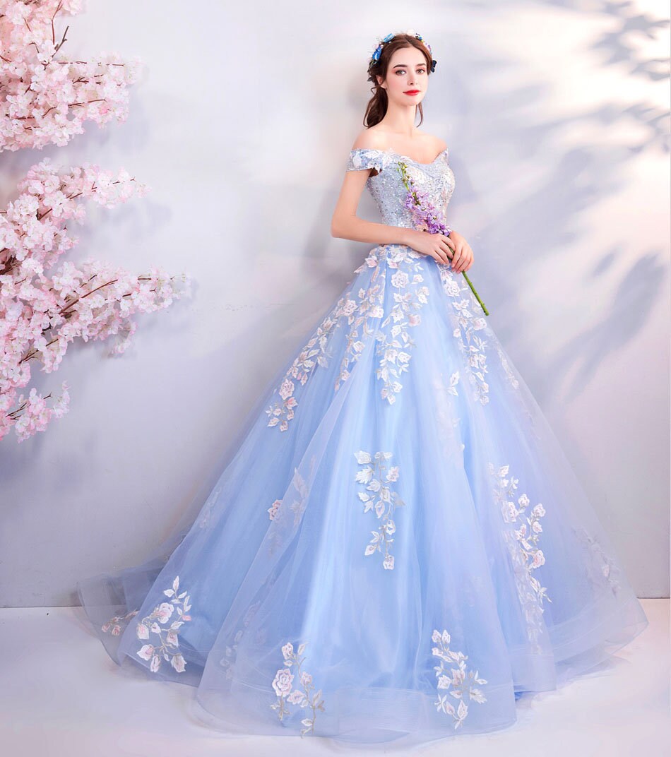 Blue Floral Princess Prom Dress, Women Wedding Royal Bridal Look for Event Party Cocktail Other Functions Gift for her