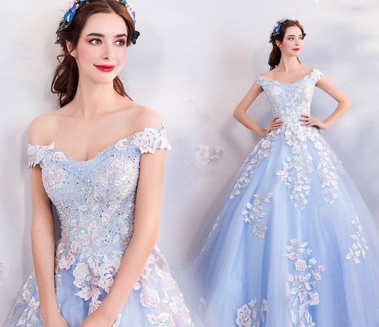 Blue Floral Princess Prom Dress, Women Wedding Royal Bridal Look for Event Party Cocktail Other Functions Gift for her