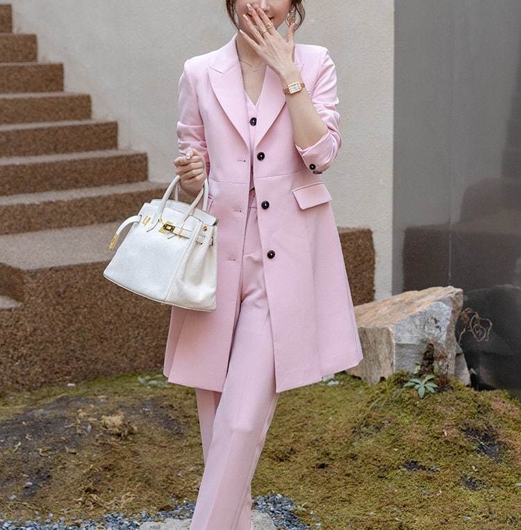 Pink Long Suit Jacket + Vest + Pants, Woman Designer Blazer Pantsuit Set Modern look for Smart Casual/ Formal/ Event Party/ Gift for her