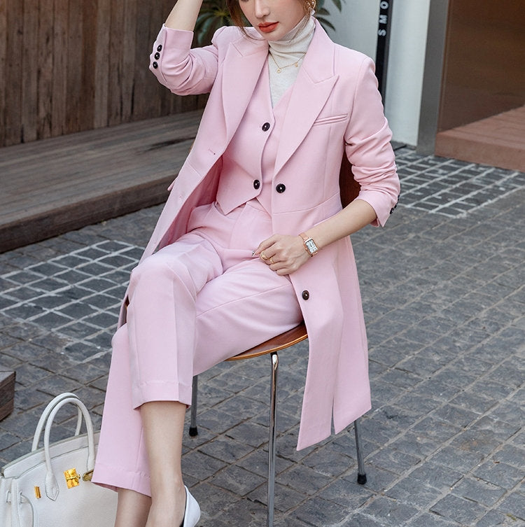 Pink Long Suit Jacket + Vest + Pants, Woman Designer Blazer Pantsuit Set Modern look for Smart Casual/ Formal/ Event Party/ Gift for her