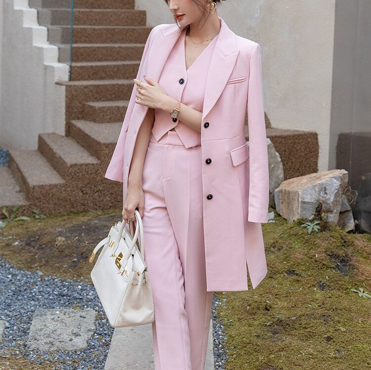 Pink Long Suit Jacket + Vest + Pants, Woman Designer Blazer Pantsuit Set Modern look for Smart Casual/ Formal/ Event Party/ Gift for her