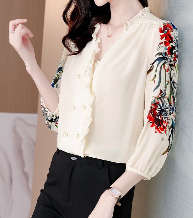 Chiffon Floral Sleeves Blouse, Designer Woman Silk Elegant Button Shirt Smart Casual Formal Event Party Gift for her