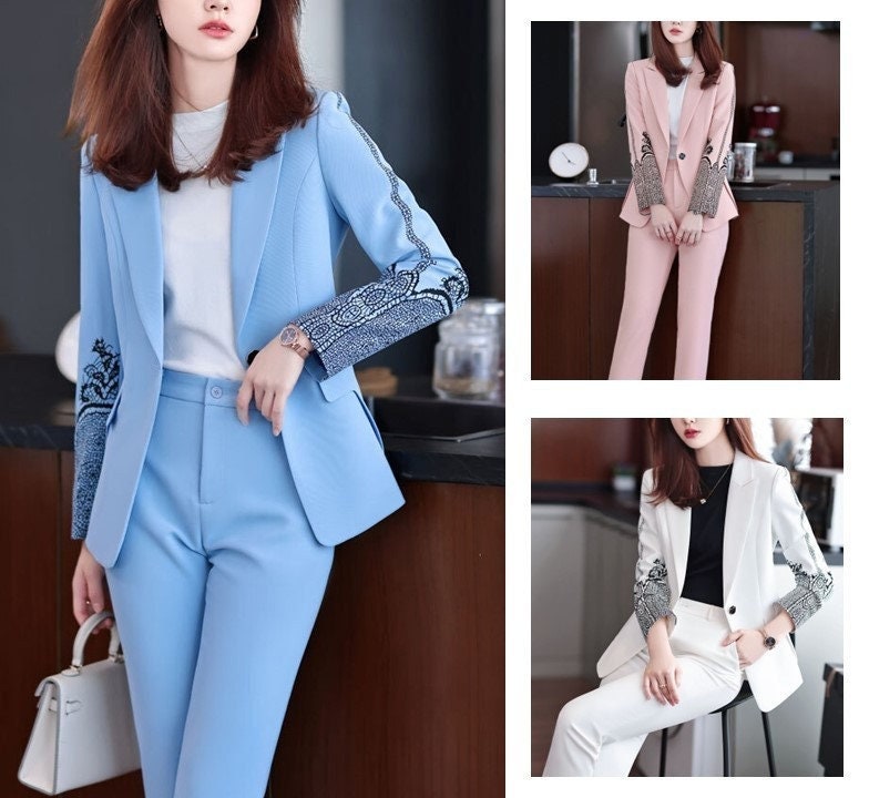 Woman Pantsuit Blue/Pink/White Tatoo Sleeves, Designer Silm Cut Blazer + Pants Smart Casual Formal Event Party Gift for her