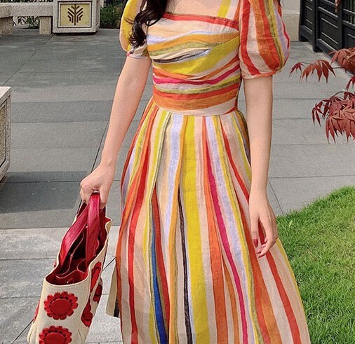 Summer Rainbow Dress, Designer Woman Colorful Long Midi Dress Vintage Classic Style Lantern Sleeve for Casual Outdoor Beach Party Gift