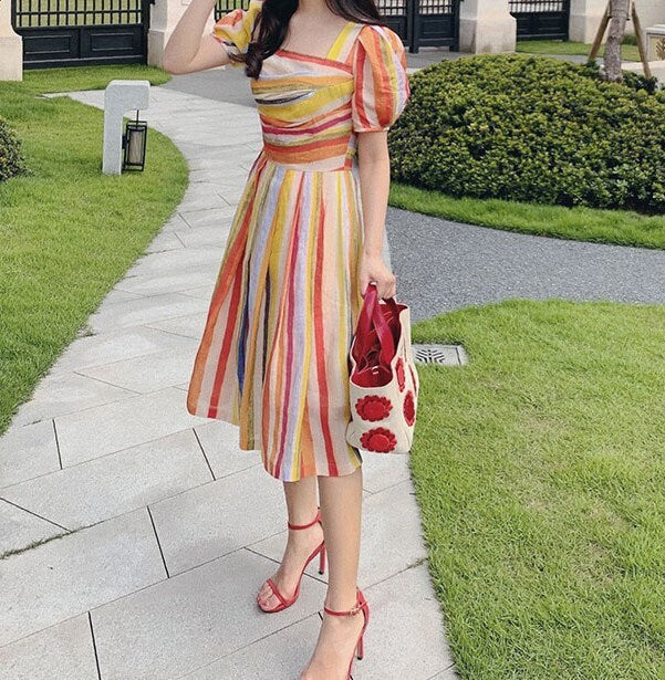 Summer Rainbow Dress, Designer Woman Colorful Long Midi Dress Vintage Classic Style Lantern Sleeve for Casual Outdoor Beach Party Gift