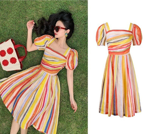 Summer Rainbow Dress, Designer Woman Colorful Long Midi Dress Vintage Classic Style Lantern Sleeve for Casual Outdoor Beach Party Gift