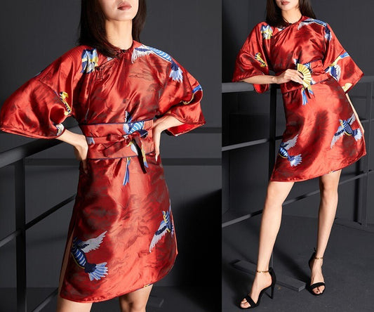 Oriental Style Birds Pattern Dress, Women Big Sleeved Art clothes modern vintage Japanese Format Smart Casual Formal Outdoors Gift for her