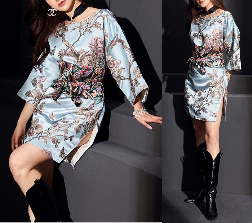 Oriental Style Floral Pattern Dress, Women Big Sleeved Art clothes modern vintage Japanese Format Smart Casual Formal Outdoors Gift for her