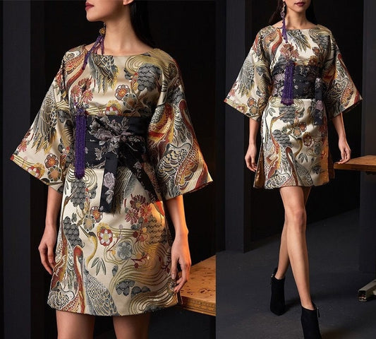 Oriental Style Birds Pattern Dress, Women Big Sleeved Art clothes modern cheongsam Japanese Format Smart Casual Formal Outdoors Gift for her