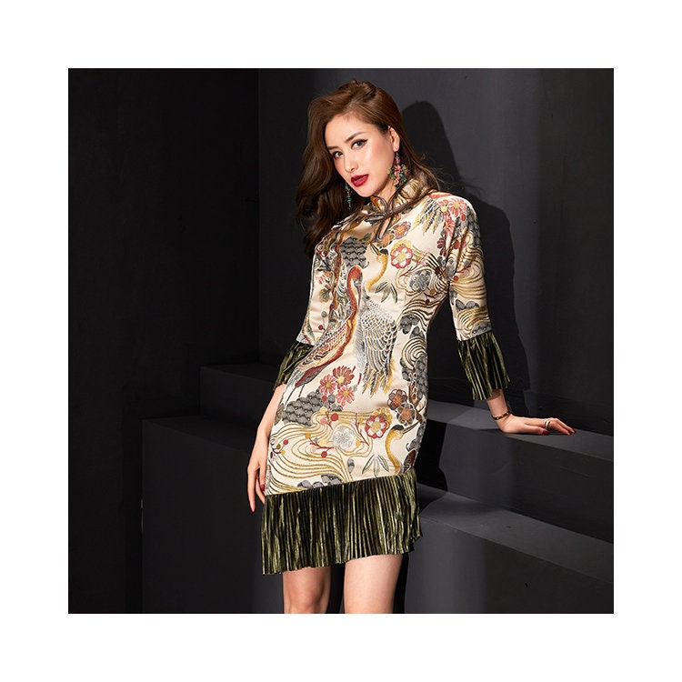 Oriental Style Birds Pattern Dress, Women sexy Art clothes modern cheongsam Japanese Format Smart Casual Formal Outdoors Gift for her