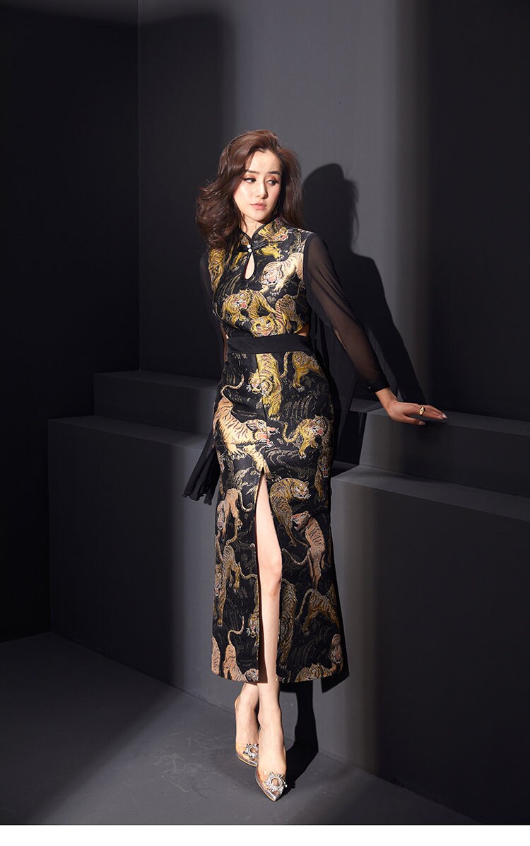 Oriental Style Tiger Pattern Dress, Women lace sleeves modern cheongsam Japanese Format Smart Casual Formal Outdoors Gift for her