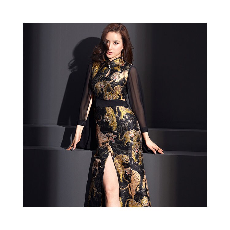 Oriental Style Tiger Pattern Dress, Women lace sleeves modern cheongsam Japanese Format Smart Casual Formal Outdoors Gift for her