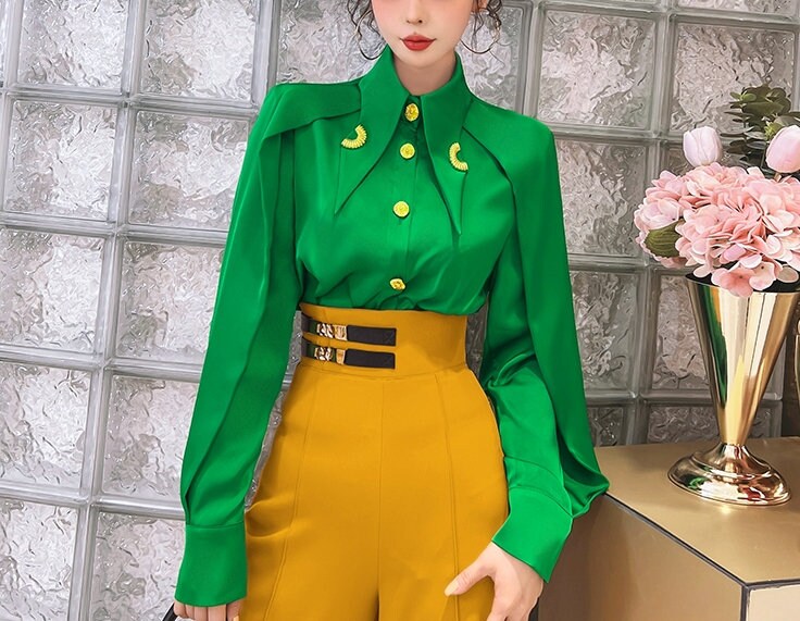 White/ Green/ Red /Black Acetate Big Collar Designer Blouse, Women Sleeved Shirt Loose Fit Puffy Soft Smart Casual Formal Event Party Gift