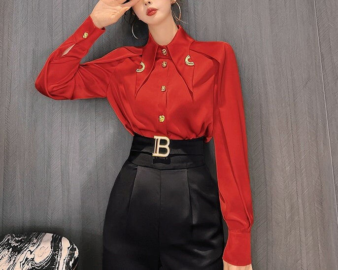 White/ Green/ Red /Black Acetate Big Collar Designer Blouse, Women Sleeved Shirt Loose Fit Puffy Soft Smart Casual Formal Event Party Gift