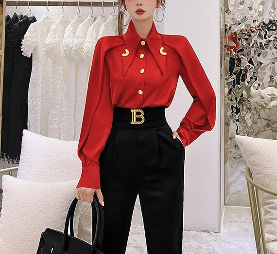 White/ Green/ Red /Black Acetate Big Collar Designer Blouse, Women Sleeved Shirt Loose Fit Puffy Soft Smart Casual Formal Event Party Gift