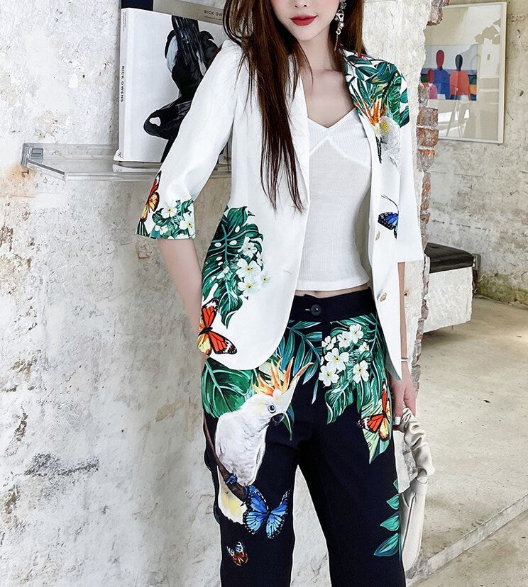 Rainforest Graphics Suitpants, Designer Woman Suit Jacket + Pants in Floral Nature Pattern Short Sleeves for Smart Casual/ Formal