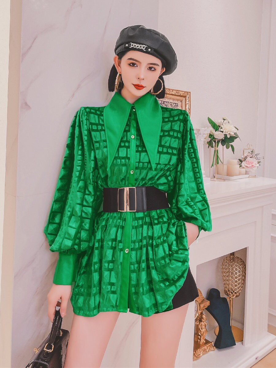 Designer art green blouse, woman sleeved shirt pointed collar elegant classic vintage for prom party wedding formal event gift for her