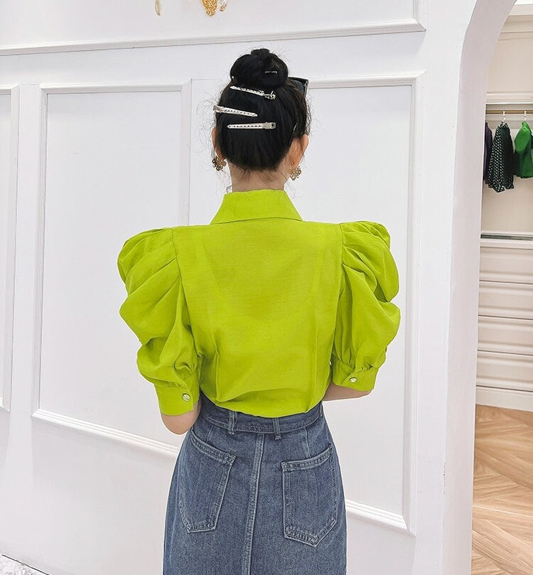 Green/ Black/White designer art blouse, woman Point Collar Puffy sleeved shirt elegant for prom party wedding formal event gift for her