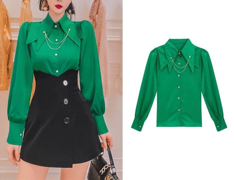 Green/black designer art blouse, woman clown collar Puffy sleeved shirt elegant classic prom party wedding formal event gift for her