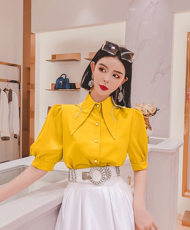 Blue/black/yellow designer art blouse, woman point collar Puffy sleeved shirt elegant classic prom party wedding formal event gift for her